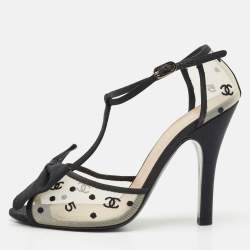 Chanel Beige/Black Mesh and Grosgrain Bow Ankle Strap Sandals Size 38.5