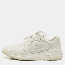 Chanel White Sequin and Leather CC Low Top Sneakers Size 38.5