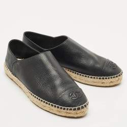 Chanel Black Leather CC Cap Toe Espadrille Flats Size 39