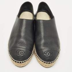 Chanel Black Leather CC Cap Toe Espadrille Flats Size 39