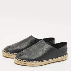 Chanel Black Leather CC Cap Toe Espadrille Flats Size 39