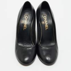 Chanel Black Leather Pearl Embellished Wedge Round Toe Pumps Size 38