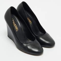 Chanel Black Leather Pearl Embellished Wedge Round Toe Pumps Size 38