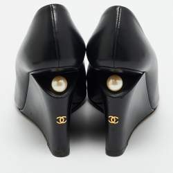 Chanel Black Leather Pearl Embellished Wedge Round Toe Pumps Size 38