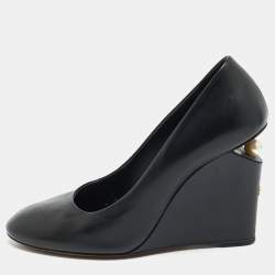 Chanel Black Leather Pearl Embellished Wedge Round Toe Pumps Size 38