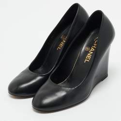 Chanel Black Leather Pearl Embellished Wedge Round Toe Pumps Size 38