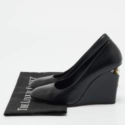 Chanel Black Leather Pearl Embellished Wedge Round Toe Pumps Size 38