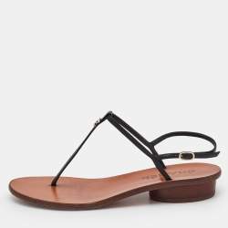Chanel Black Leather T-Strap Flat Thong Sandals Size 37
