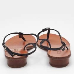 Chanel Black Leather T-Strap Flat Thong Sandals Size 37