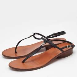 Chanel Black Leather T-Strap Flat Thong Sandals Size 37