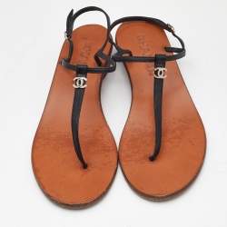 Chanel Black Leather T-Strap Flat Thong Sandals Size 37