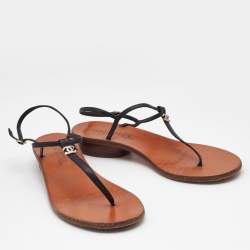 Chanel Black Leather T-Strap Flat Thong Sandals Size 37