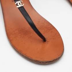 Chanel Black Leather T-Strap Flat Thong Sandals Size 37