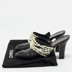  Chanel Black Leather Pearl Embellished Block Heel Slide Sandals Size 36