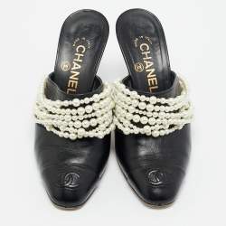  Chanel Black Leather Pearl Embellished Block Heel Slide Sandals Size 36