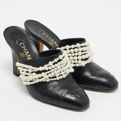  Chanel Black Leather Pearl Embellished Block Heel Slide Sandals Size 36