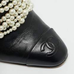  Chanel Black Leather Pearl Embellished Block Heel Slide Sandals Size 36