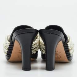  Chanel Black Leather Pearl Embellished Block Heel Slide Sandals Size 36