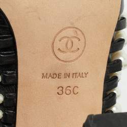  Chanel Black Leather Pearl Embellished Block Heel Slide Sandals Size 36