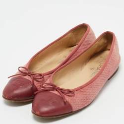 Chanel Pink/Burgundy Tweed and Leather CC Cap Toe Bow Ballet Flats Size 39