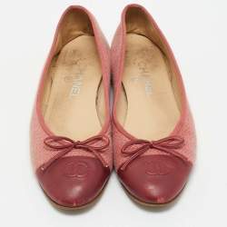 Chanel Pink/Burgundy Tweed and Leather CC Cap Toe Bow Ballet Flats Size 39