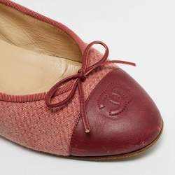 Chanel Pink/Burgundy Tweed and Leather CC Cap Toe Bow Ballet Flats Size 39