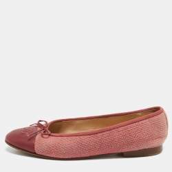 Chanel Pink/Burgundy Tweed and Leather CC Cap Toe Bow Ballet Flats Size 39