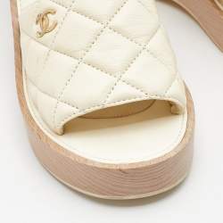 Chanel Cream Quilted Leather CC Platform Sandals Size 37