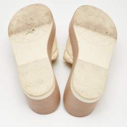Chanel Cream Quilted Leather CC Platform Sandals Size 37