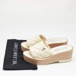 Chanel Cream Quilted Leather CC Platform Sandals Size 37
