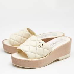 Chanel Cream Quilted Leather CC Platform Sandals Size 37