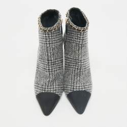 Chanel Black/White Plaid Check Tweed Pointed Cap Toe Ankle Boots Size 37.5