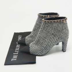 Chanel Black/White Plaid Check Tweed Pointed Cap Toe Ankle Boots Size 37.5