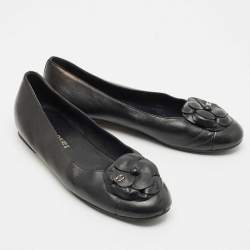  Chanel Black Leather CC Camellia Ballet Flats Size 41