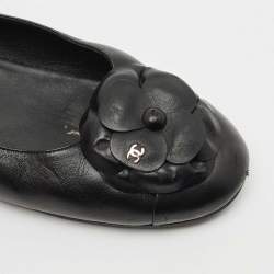  Chanel Black Leather CC Camellia Ballet Flats Size 41