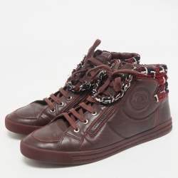 Chanel Burgundy Leather and Twee CC High Top Sneakers Size 41
