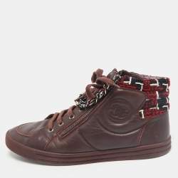 Chanel Burgundy Leather and Twee CC High Top Sneakers Size 41