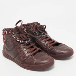 Chanel Burgundy Leather and Twee CC High Top Sneakers Size 41