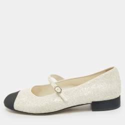 Chanel White/Black Glitter and Grosgrain Mary Jane Ballet Flats Size 39