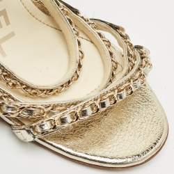 Chanel Gold Leather Chain Embellished Ankle Strap Sandals Size 39.5