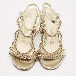 Chanel Gold Leather Chain Embellished Ankle Strap Sandals Size 39.5
