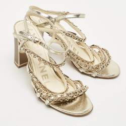 Chanel Gold Leather Chain Embellished Ankle Strap Sandals Size 39.5