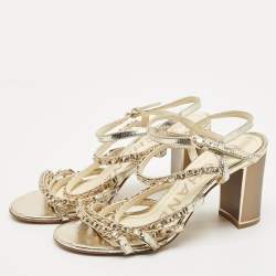 Chanel Gold Leather Chain Embellished Ankle Strap Sandals Size 39.5