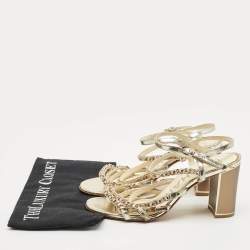 Chanel Gold Leather Chain Embellished Ankle Strap Sandals Size 39.5