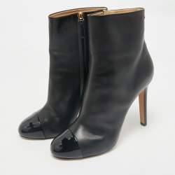 Chanel Black Leather CC Cap Toe Ankle Length Boots Size 41