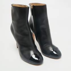 Chanel Black Leather CC Cap Toe Ankle Length Boots Size 41