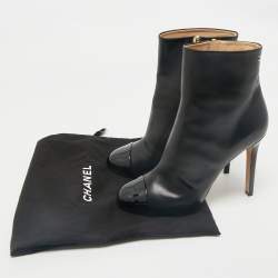 Chanel Black Leather CC Cap Toe Ankle Length Boots Size 41