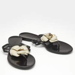 Chanel Black Jelly Camellia Embellished CC Thong Flat Slides Size 39