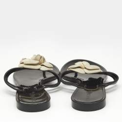 Chanel Black Jelly Camellia Embellished CC Thong Flat Slides Size 39