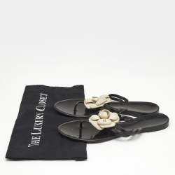 Chanel Black Jelly Camellia Embellished CC Thong Flat Slides Size 39